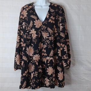 Sanctuary Flora Babydoll Dress Long Sleeve Black w/ Beige & Brown‎ Floral Size M